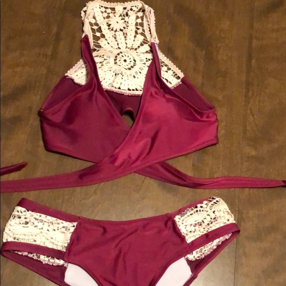 Cupshe Maroon and Lace two-piece Suit